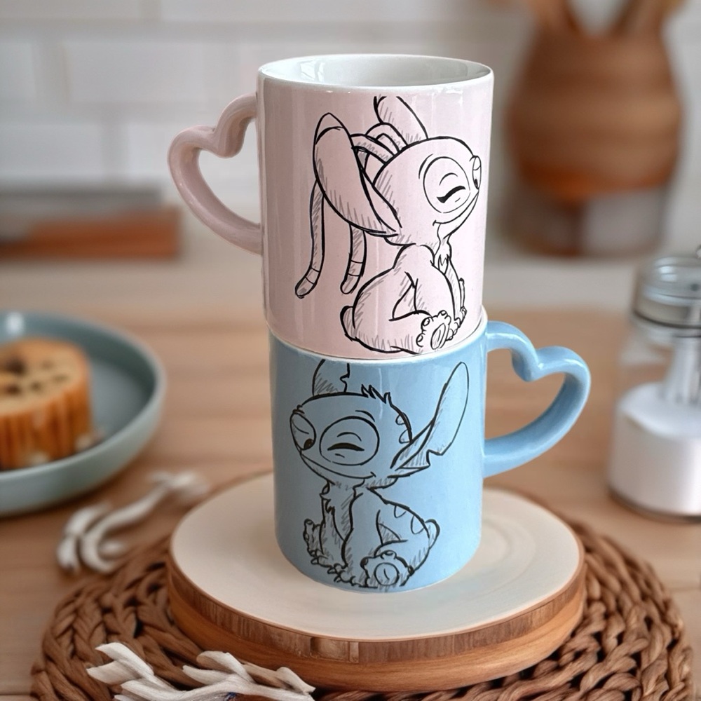 Disney Stitch & Angel Ceramic Heart Handle Blue/Pink Sketch Character Mugs